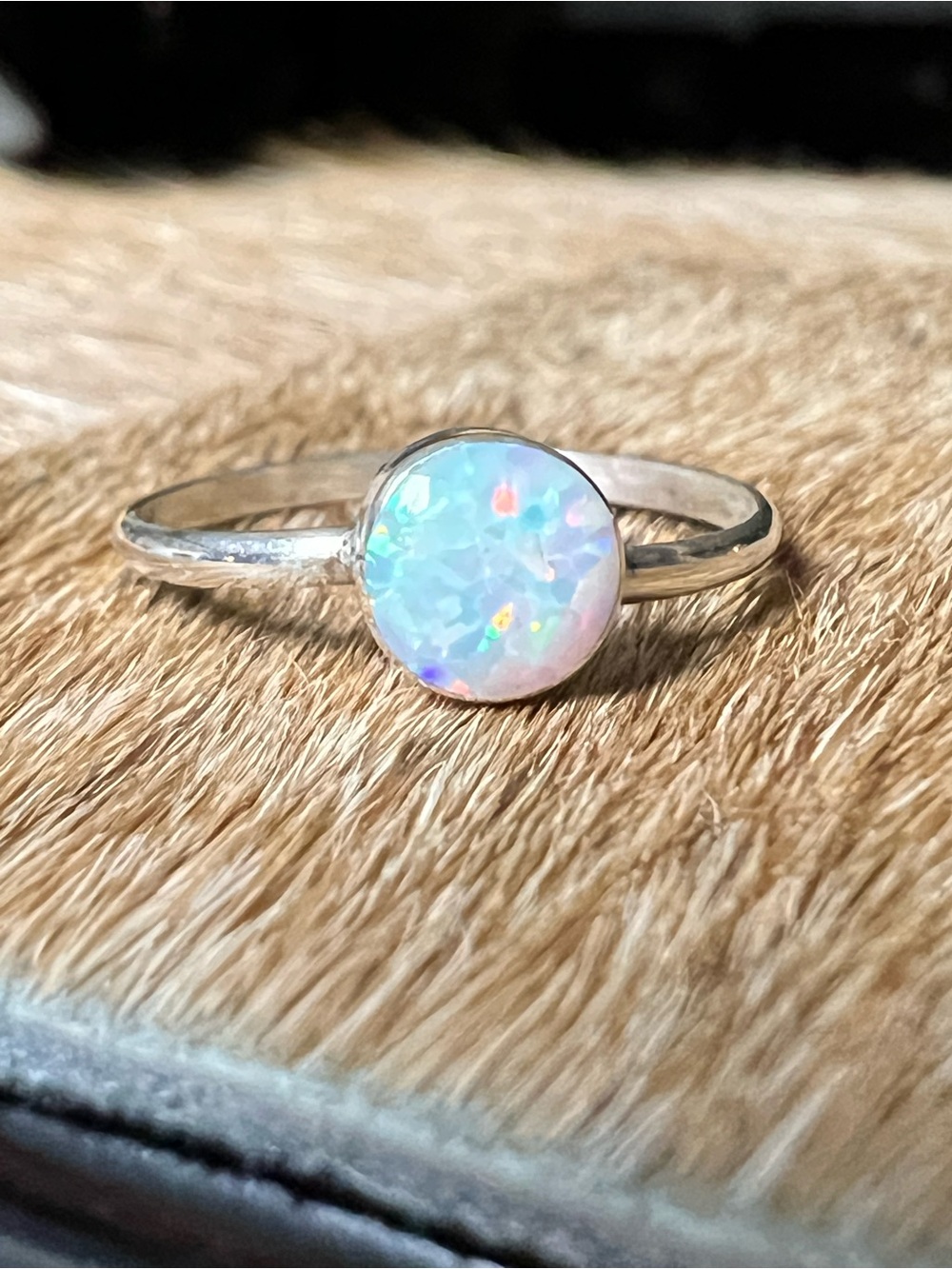 Sterling Silver White Opal Round Solitaire Ring